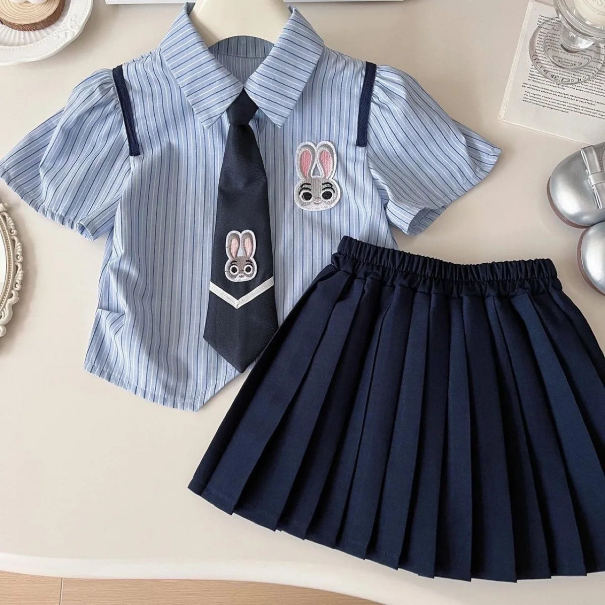 Zootopia Judy Summer Outfit Sets for Girls 2026 New Toddler Baby Casual Dress Suit Short Sleeve Striped Shirt Pleated Skirt 2PCS