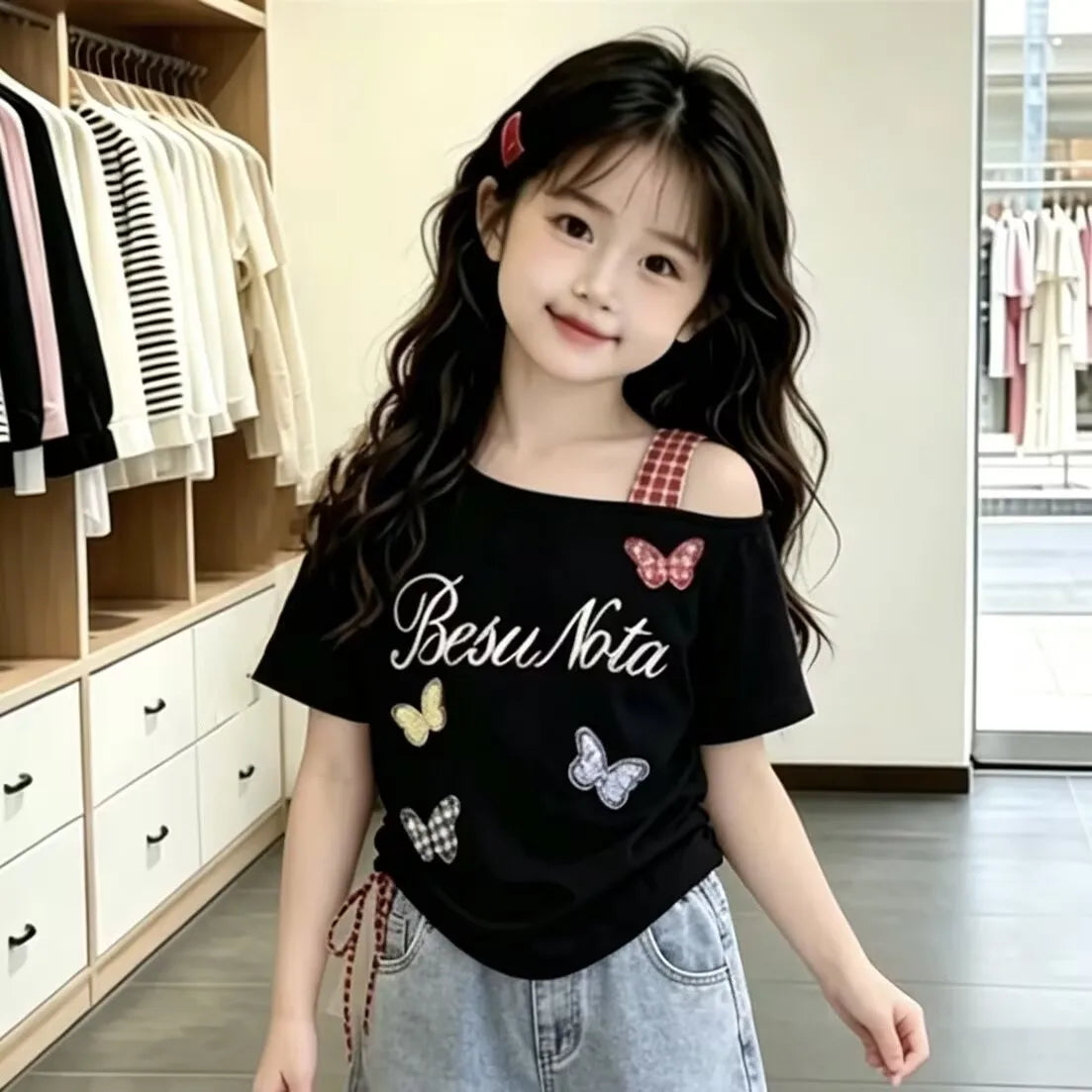 New Baby Girls Summer Teenage Sets,  Cartoon T-shirt + Jean Shorts   Princess Cute Casual Suits   3-10 T