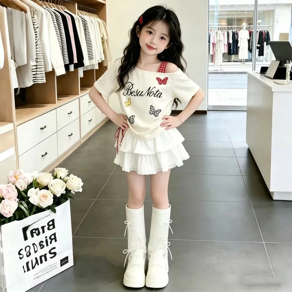 New Baby Girls Summer Teenage Sets,  Cartoon T-shirt + Jean Shorts   Princess Cute Casual Suits   3-10 T
