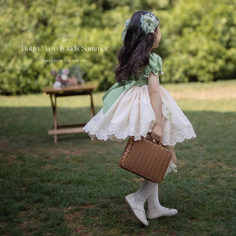 Ins Handmade New Baby Girls Party EID Princess Dress Vintage Cotton Sweet Green Flowers Girls Lolita Wedding Dress