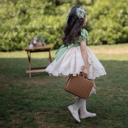Ins Handmade New Baby Girls Party EID Princess Dress Vintage Cotton Sweet Green Flowers Girls Lolita Wedding Dress