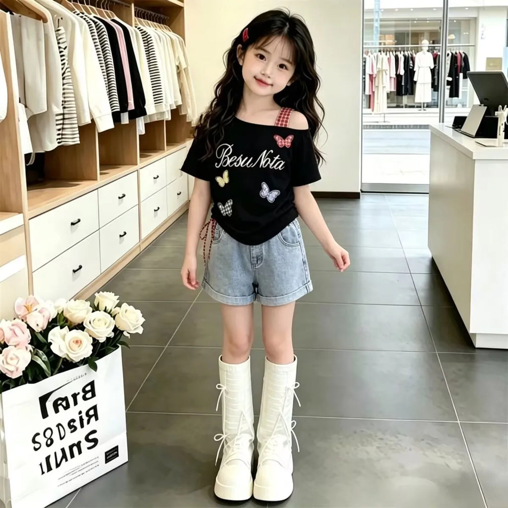 New Baby Girls Summer Teenage Sets,  Cartoon T-shirt + Jean Shorts   Princess Cute Casual Suits   3-10 T