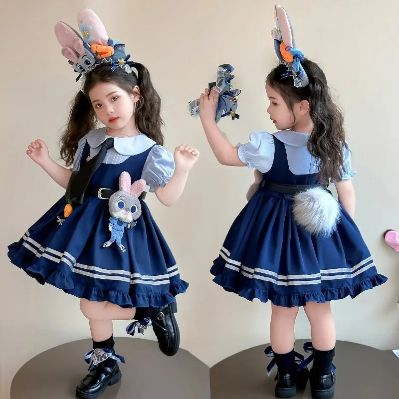 Judy Officer Costumes Short-Sleeved Lolita Dress Girls Halloween Carnival Zootopia Rabbit Cosplay Fancy Dress Birthday Gift