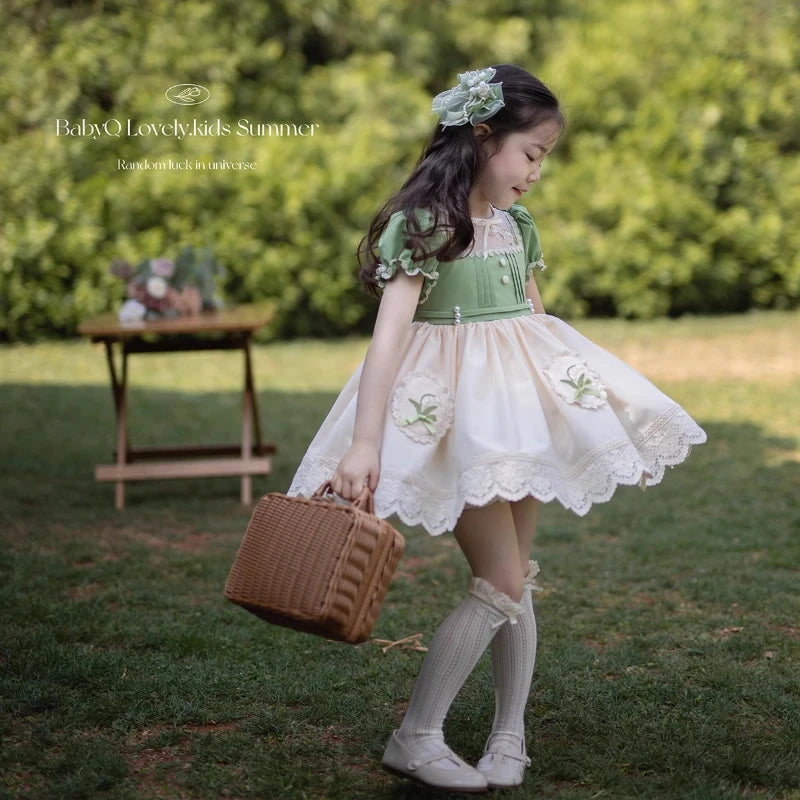 Ins Handmade New Baby Girls Party EID Princess Dress Vintage Cotton Sweet Green Flowers Girls Lolita Wedding Dress