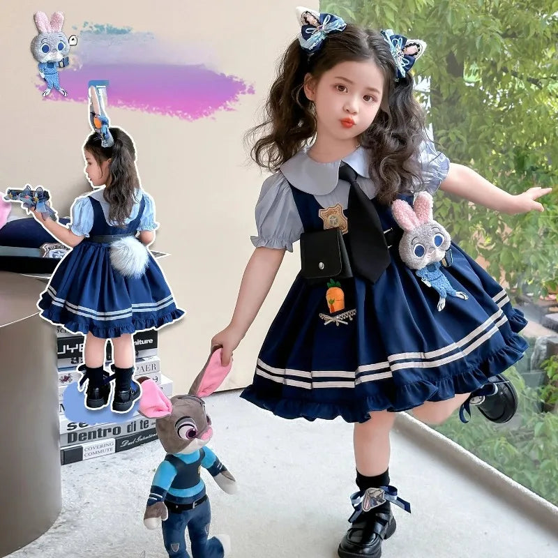 Judy Officer Costumes Short-Sleeved Lolita Dress Girls Halloween Carnival Zootopia Rabbit Cosplay Fancy Dress Birthday Gift