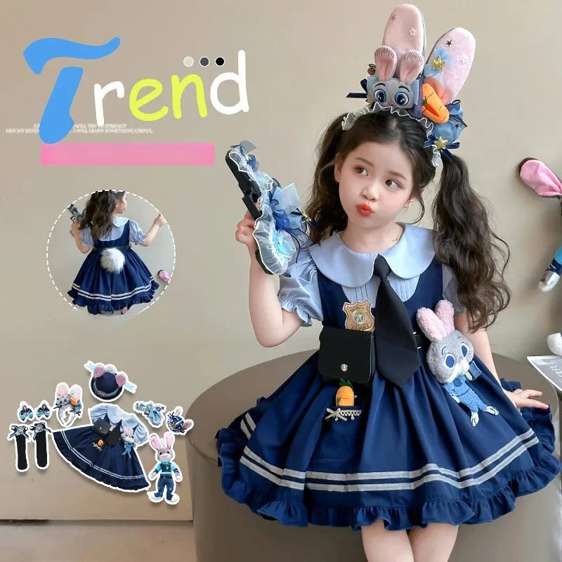 Judy Officer Costumes Short-Sleeved Lolita Dress Girls Halloween Carnival Zootopia Rabbit Cosplay Fancy Dress Birthday Gift