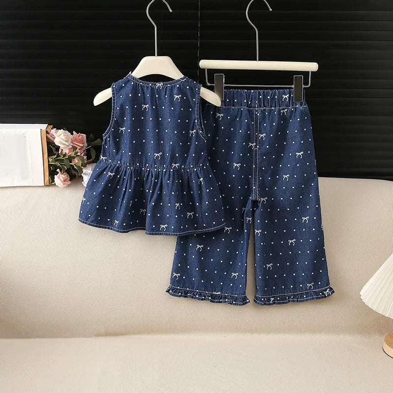 MILANCEL Summer Kids Clothes Set 1-6T Sweet Bow Dots Girls Cowboy Suit Breathable Boys Vest+Pants Children Outfit 2PCS