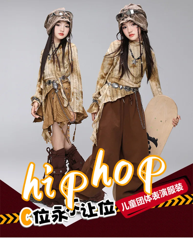 Kid Hip Hop Clothing Distressed Crop Top T Shirt Coffee Casual Wide Pants Strap Pleated Skirt for Girls Dance Costumes Clothes