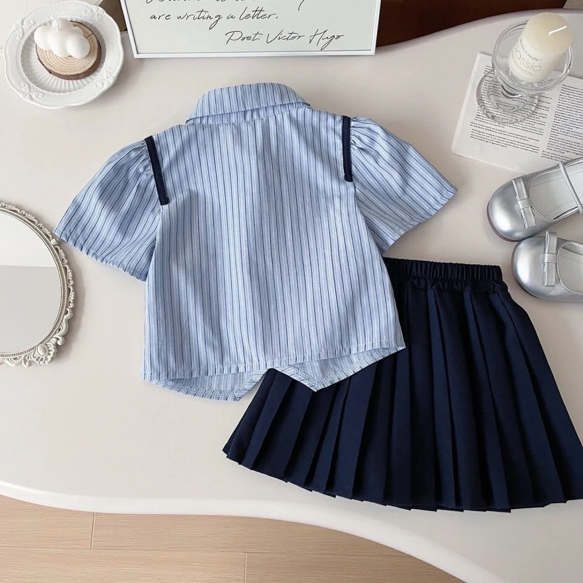 Zootopia Judy Summer Outfit Sets for Girls 2026 New Toddler Baby Casual Dress Suit Short Sleeve Striped Shirt Pleated Skirt 2PCS